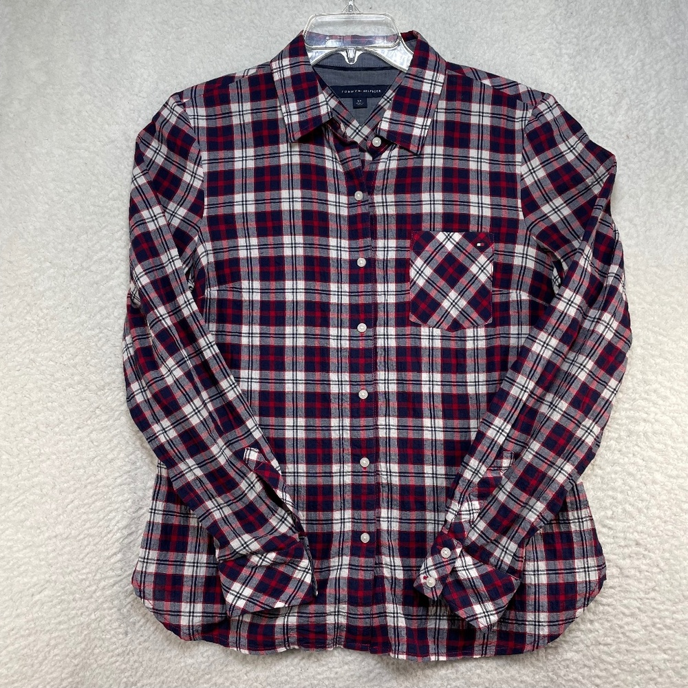 Tommy Hilfiger Shirt Womens Size Small Red White Blue Plaid Roll Tab Long Sleeve